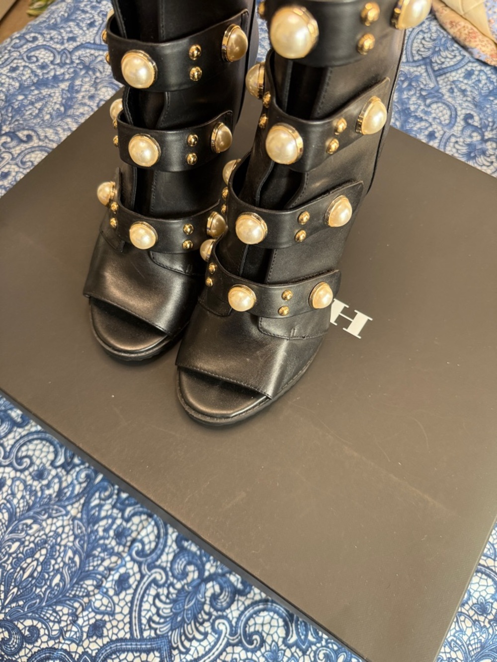 Karl Lagerfeld Black Open-Toe Strappy Heeled Boots with Pearl Studs